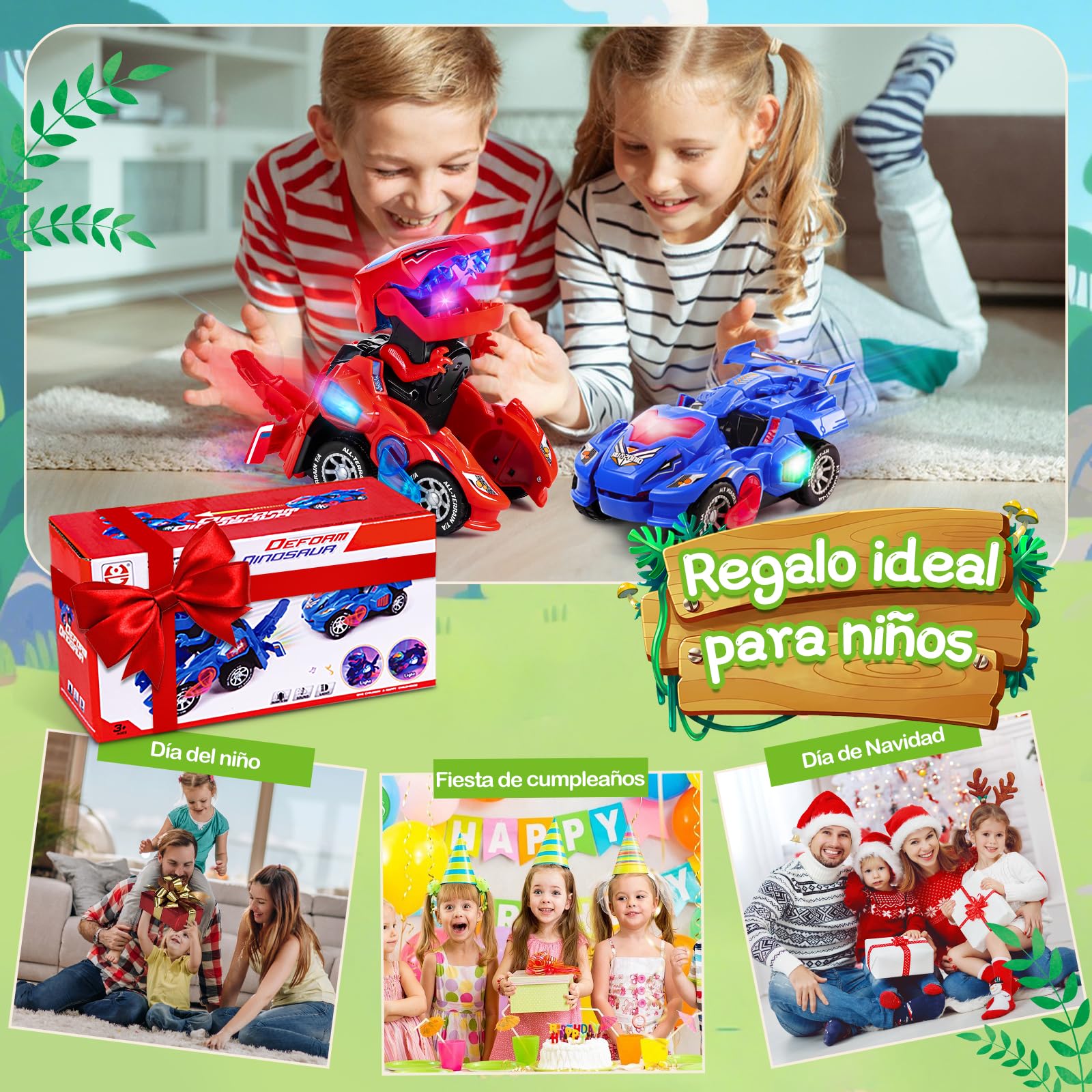 Yellcetoy Coche Dinosaurios Transform Juguetes, Dino Car con Música y Luz, Transformador Dinosaurio Regalos de Cumpleaños de Navidad para Niños 3 4 5 6 7 Años Verde
