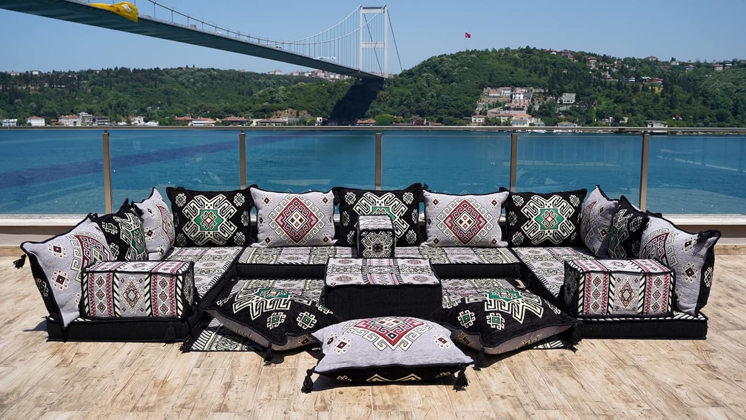 Gray Arabic Majlis, U Shaped Arabic Sofa Set, Floor Pillows, Corner Floor Sofa Seating, Floor Cushions, Oriental Floor Seating, Arabic Jalsa (U Sofa Full Set)
