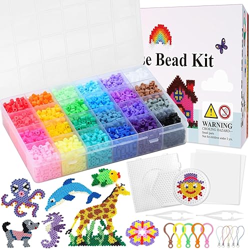 QUEFE 5200pcs Fuse Beads Kit for Boys and Girls, 24 Colors 5mm Melting Beads Set Including Pegboards, Ironing Paper, Tweezers, Colorful Hooks for Birthday and Christmas Gift