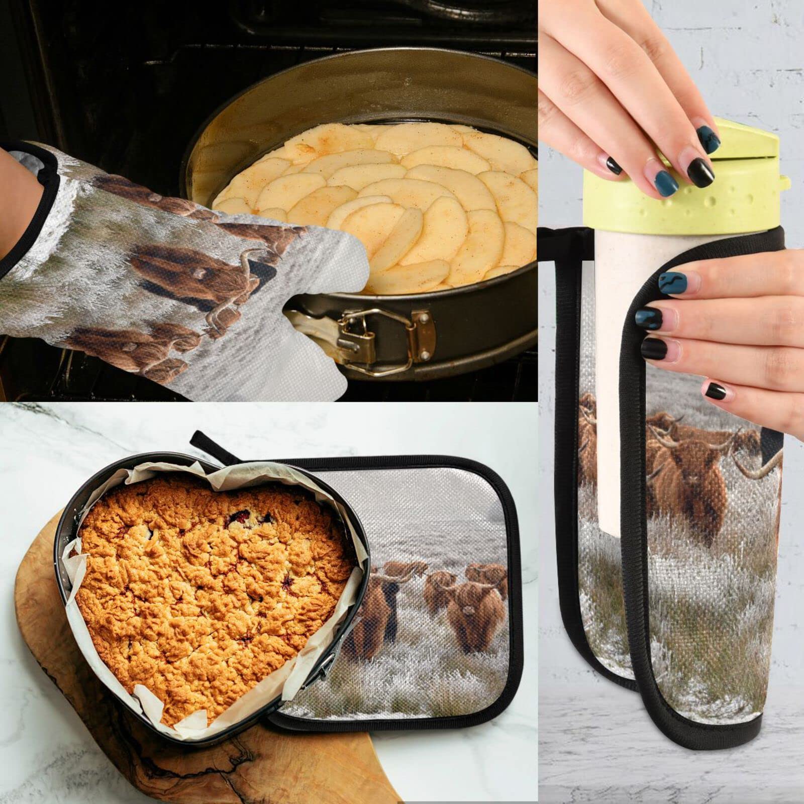 QUGRL Ofenhandschuhe & Topflappen Set – Highland Cow Design, Hitzebeständig Bis 250°C, Aus Polyester/Baumwolle