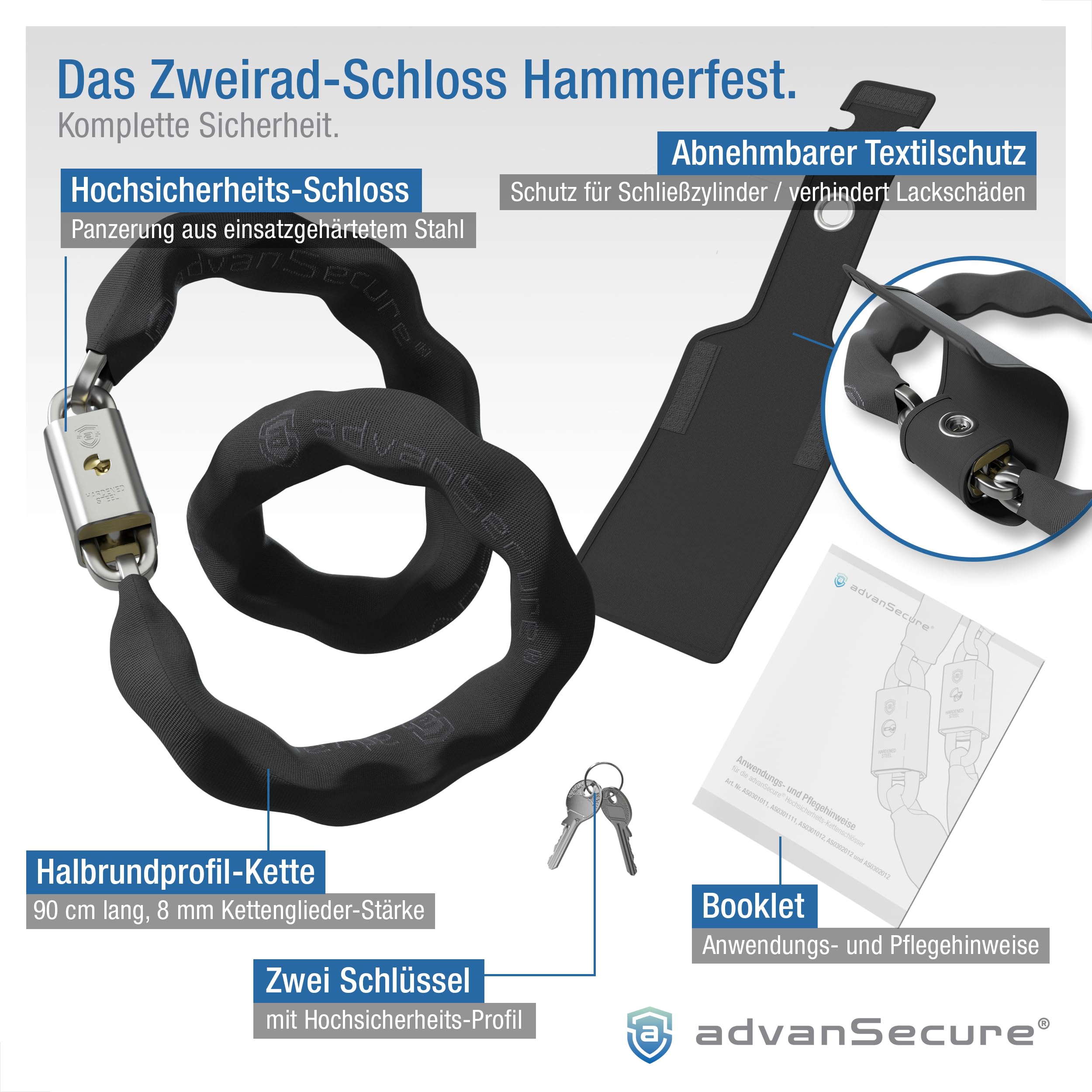 advanSecure® Hochsicherheits-Kettenschloss | optimal für Fahrrad und E-Bike | Sicherheitsstufe 8/10 | 90 cm Länge, 8 mm Kettenglieder | gehärteter Spezialstahl | abnehmbarer Schlosskörper-Schutz