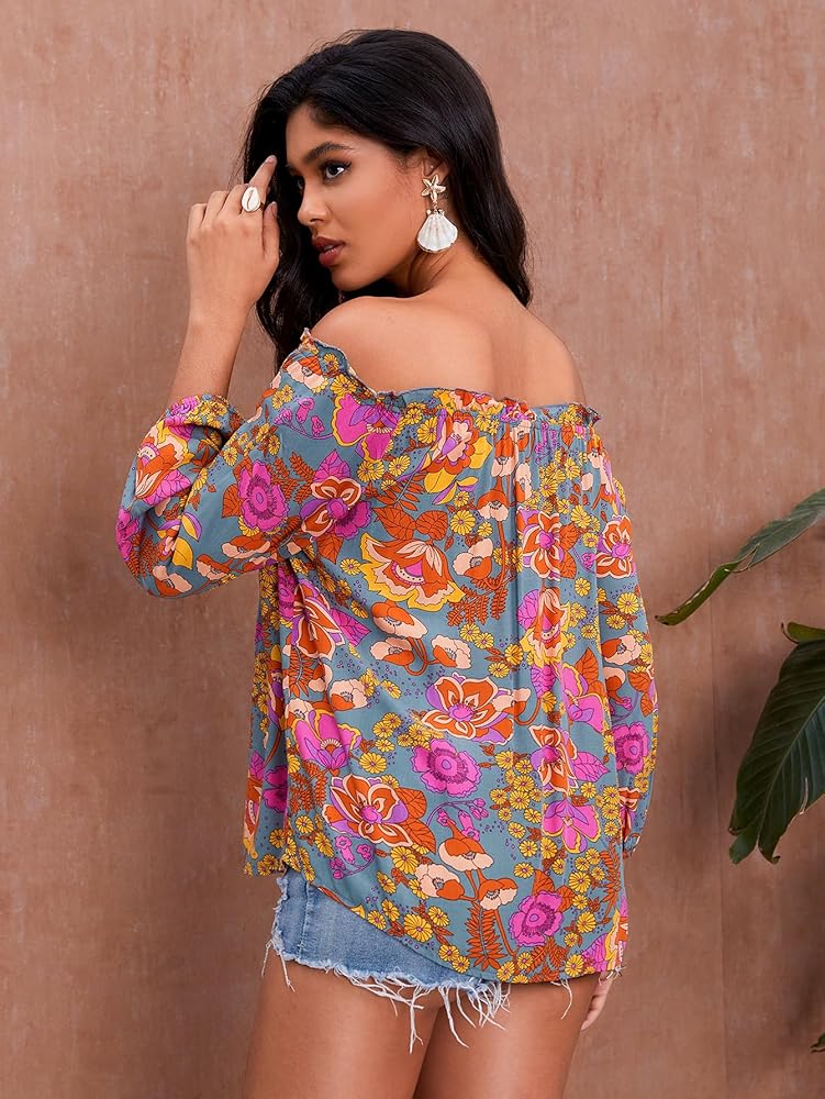 MakeMeChic Women's Floral Off The Shoulder Top Ruched Tie Front Lantern Sleeve  Blouse Tops Orange Small at Amazon Women's Clothing store