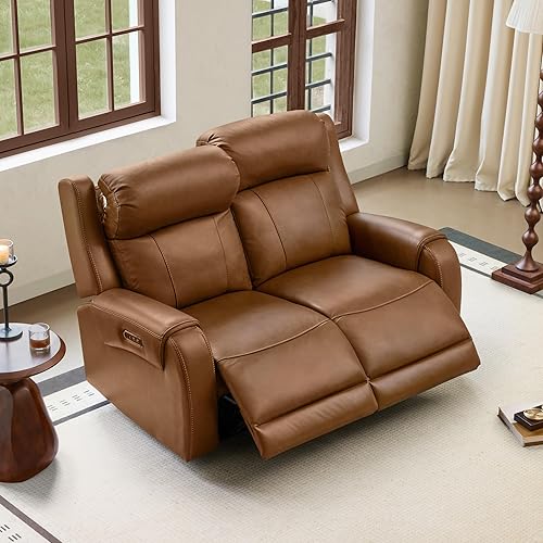 CHITA Genuine Leather Power Recliner Sofa, Wall Hugger Reclining Loveseat