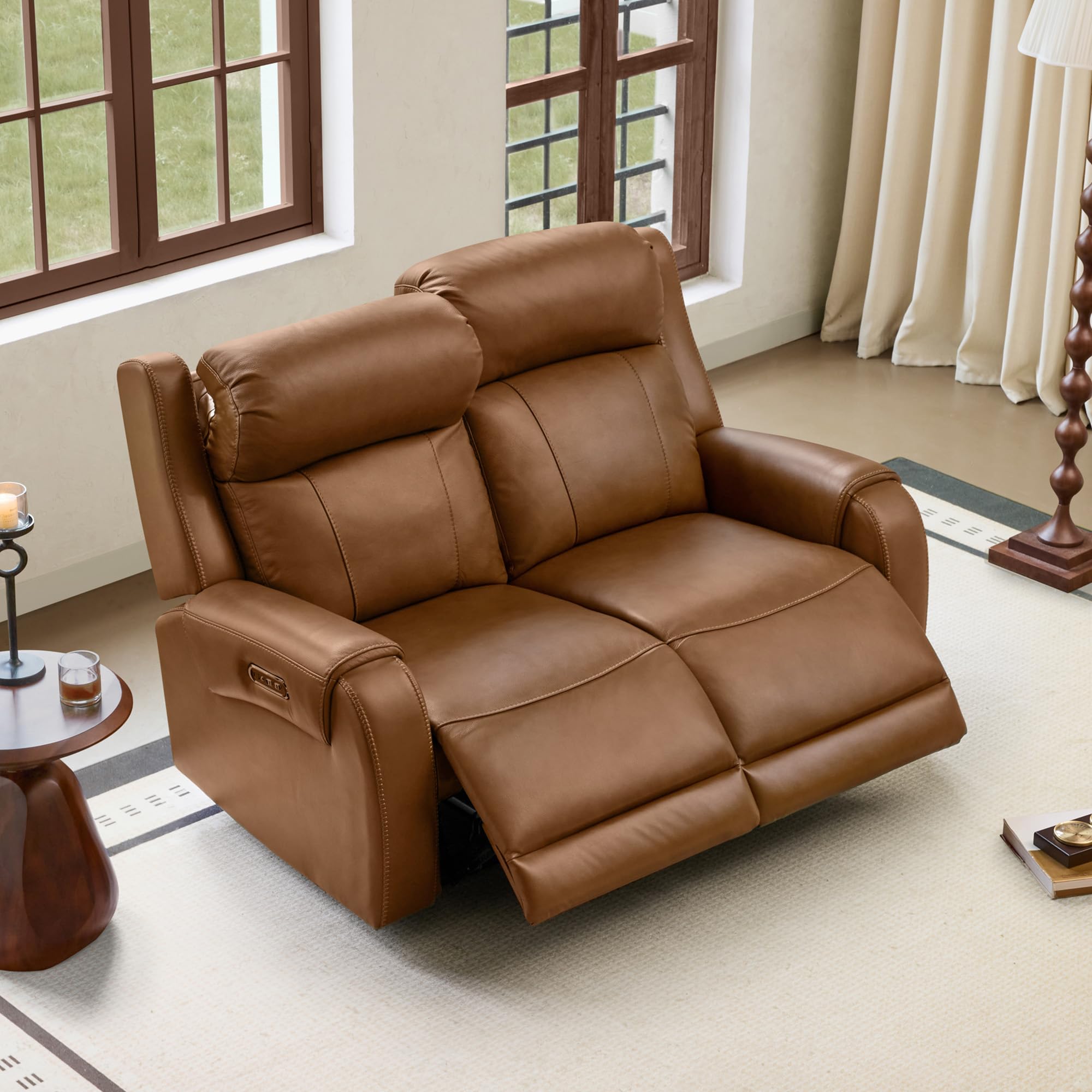 CHITA Genuine Leather Power Recliner Sofa Wall Hugger Reclining Loveseat with Power Headrest Dual Motor USB Charging Ports