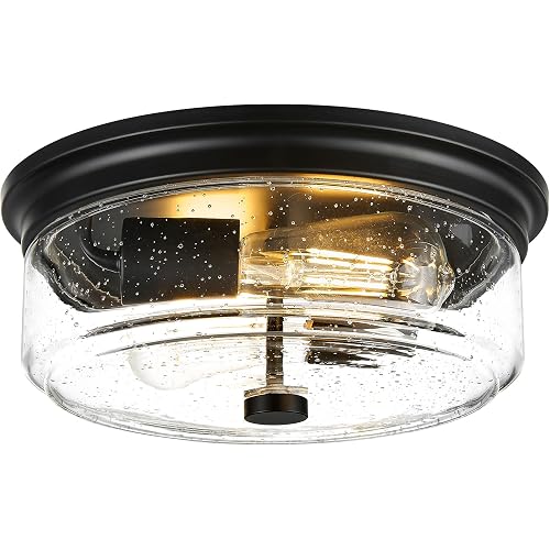 Black Flush Mount Ceiling Light, 12 Inch 2-Light Industrial Farmhouse Light Fixture with Seeded Glass Shade for Kitchen, Hallway, Entryway, Bedroom