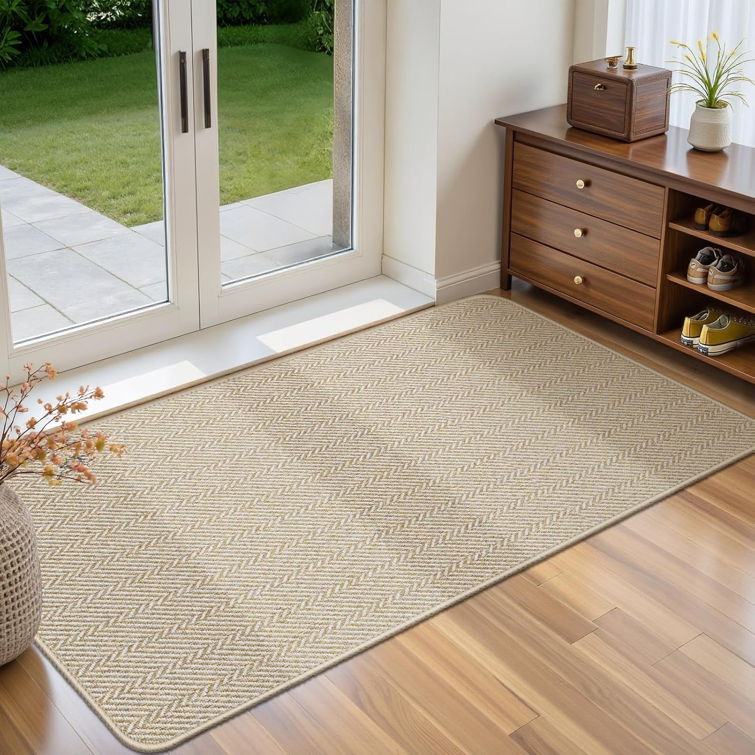 Ultra Thin Door Mat Indoor Entrance 24"x47", Low-Profile Indoor Door Mat, Non Slip Entry Mat Rubber Backing Unique Herringbone Design Inside Doormat Dirt Trapper Entryway Mats, Beige 24"x47" Khaki