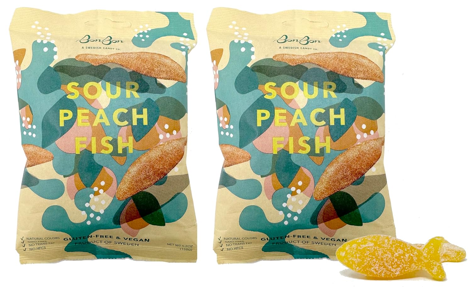 Bon Bon Swedish Candy Sour Peach Fish Vegan Candy, Sour Gummy Candy from Sweden 5.2 Ounce (Pack of 2)