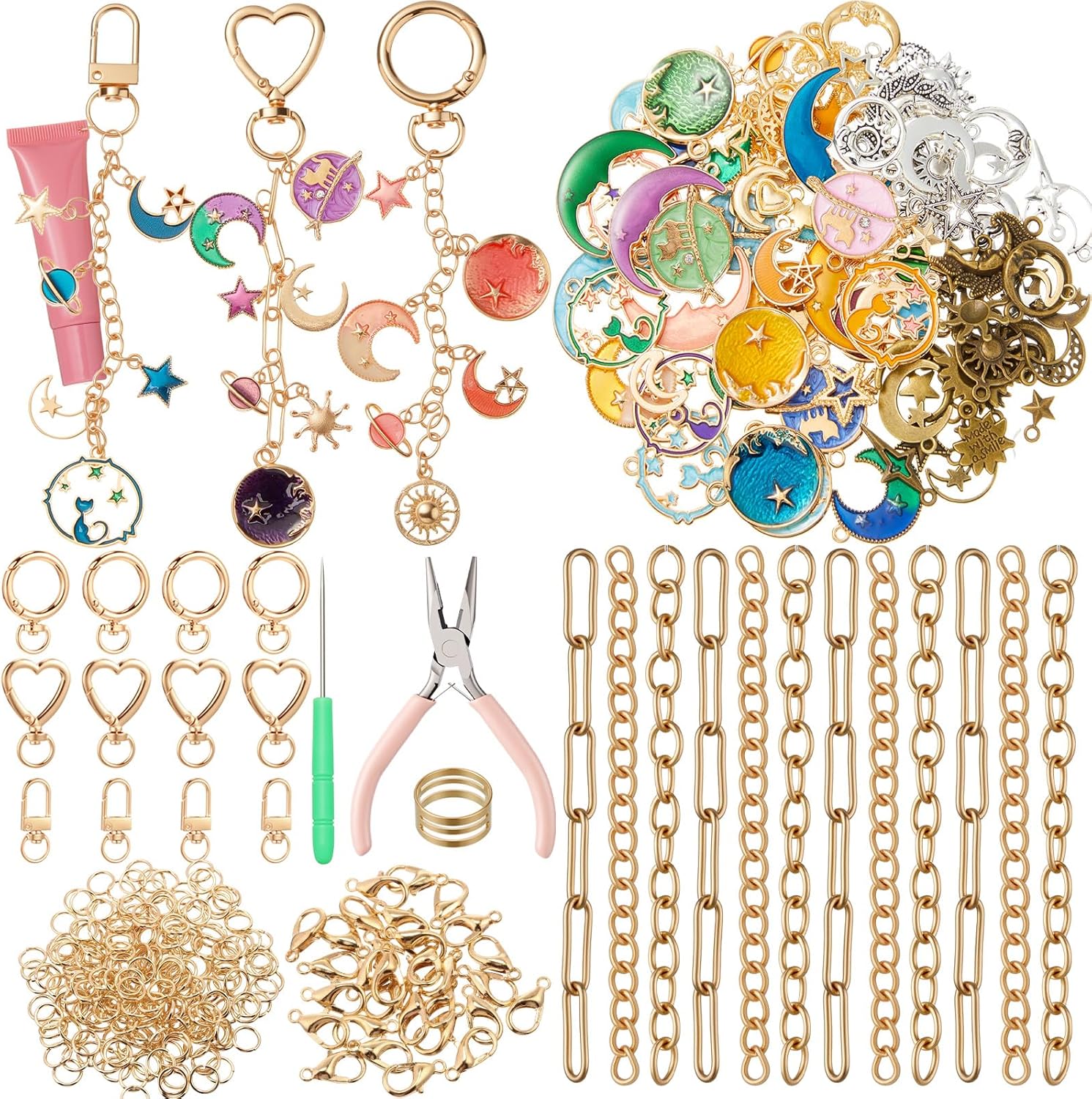 VioraWhite 457 Pcs Charms Lip Gloss Keychain Making Kit, DIY Craft with Charms, Key Chain, Jump Rings, Lobster Clasps, Chains and Tools for DIY Crafting Jewelry Making Keychains Supplies