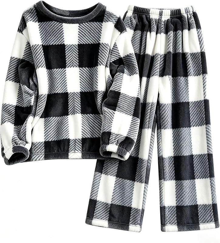 Womens Plush Plaid Pajama Set Long Sleeve