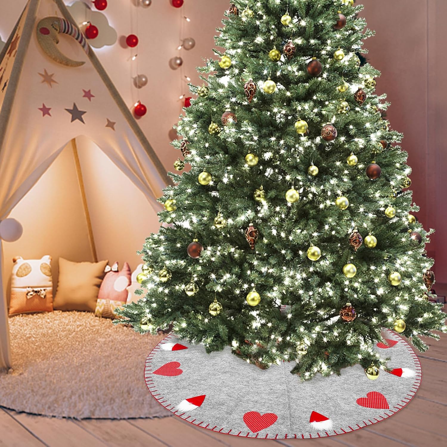 HEMOTON 100cm Wool Felt Christmas Tree Skirt Santa Claus Xmas Tree Dress Festival Decor Holiday Base Mat for Home Party Supplies