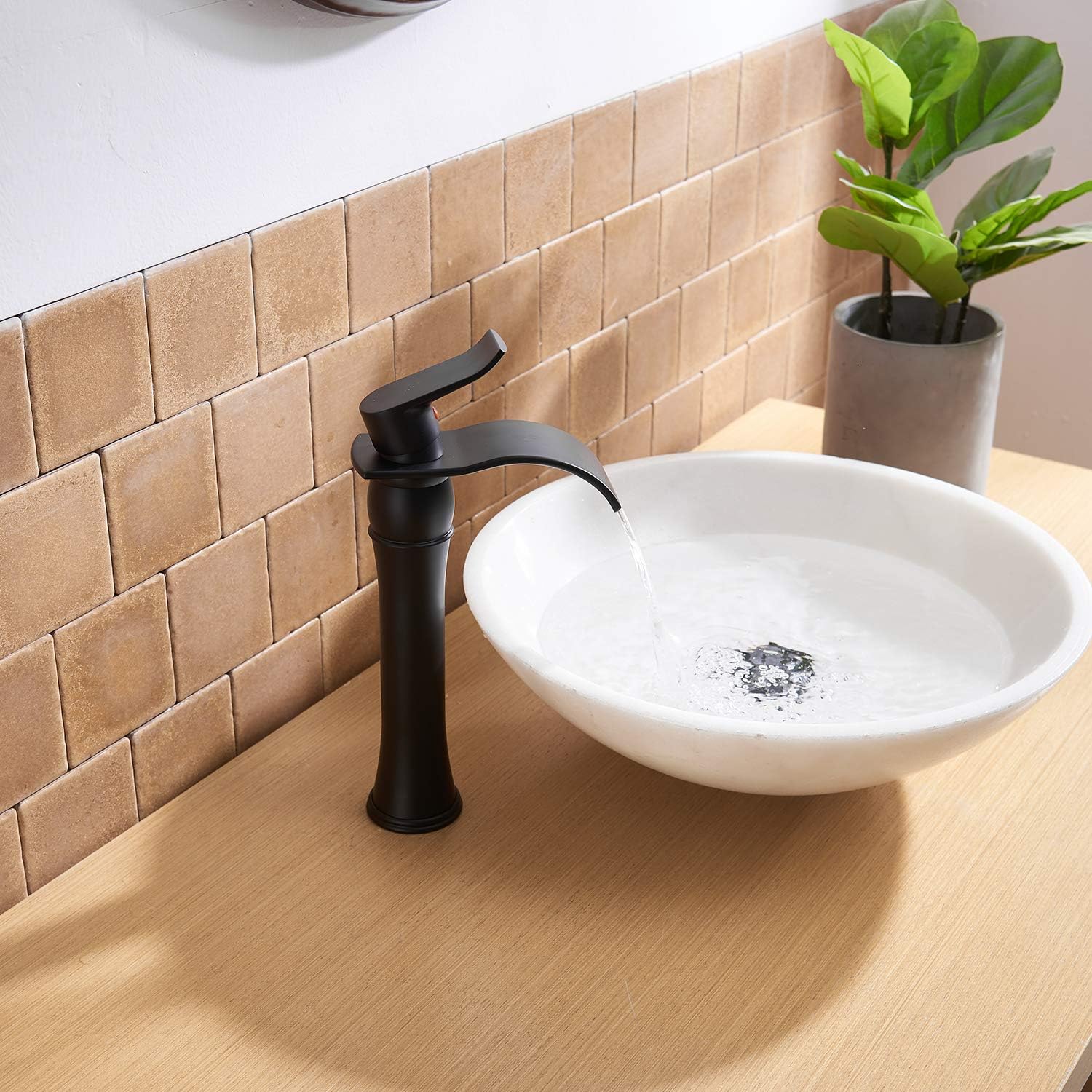 BWE Black Bathroom Faucet with Drain Assembly and Supply Hose Waterfall Vessel Sink Faucet Matte Black Lavatory Mixer Tap Tall Body