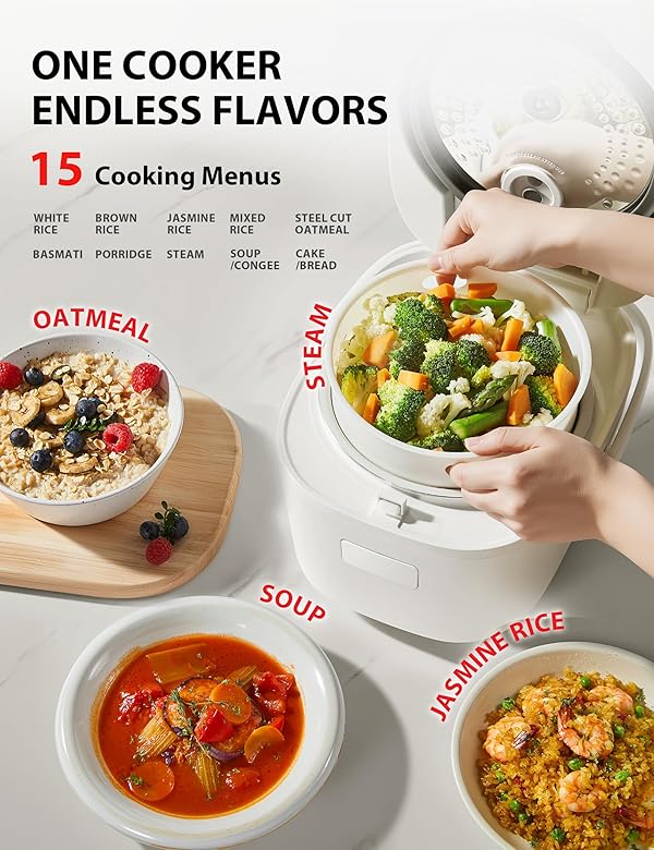 TOSHIBA Rice Cooker 5.5 Cup Uncooked – LED Display with 15 Cooking Functions, 3D Heating Technology, 24-Hr Delay Timer and Auto Keep Warm, Ceramic Inner Pot | White by TOSHIBA - Image 3