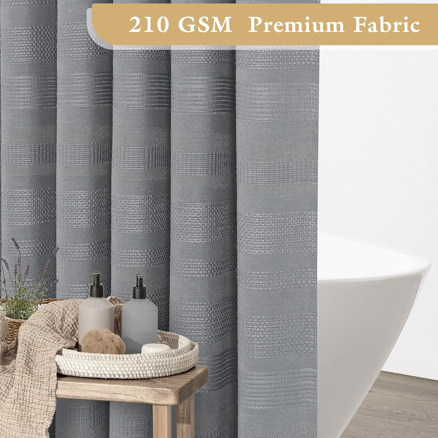 Boho Farmhouse Shower Curtain Set with Tassel, Linen Bohemian French Country Chic Bathroom Shower Curtain Set, Modern Striped Textured Shower Curtain 72x72 - Light Grey