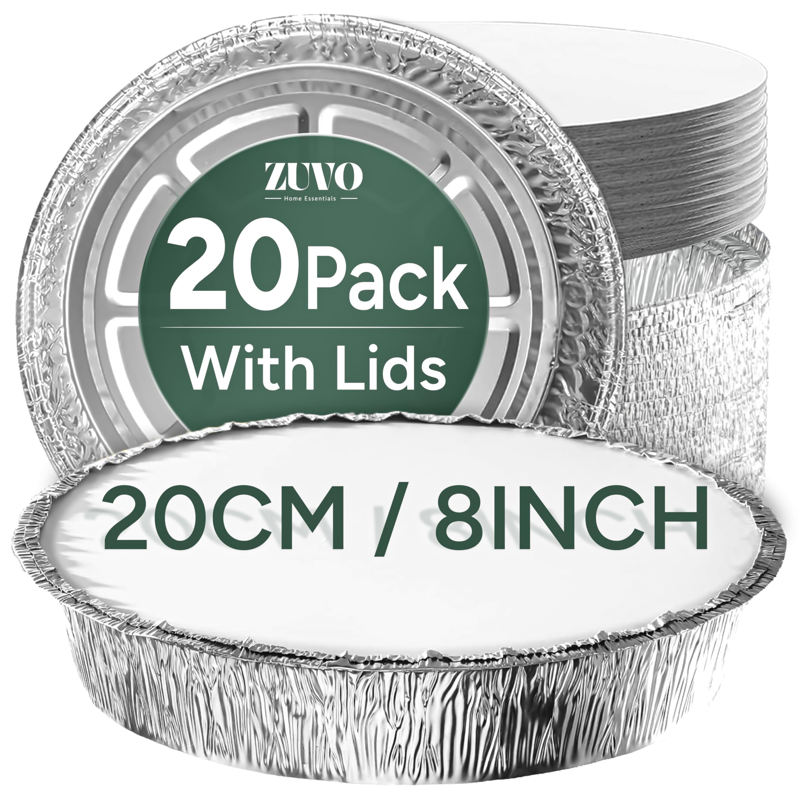 Zuvo Silver Round Foil Trays With Lids - Pack Of 20, 8 Inch / 20Cm Aluminium Flan Cases - Disposable Foil Containers For Cheesecake, Baking & Parties,