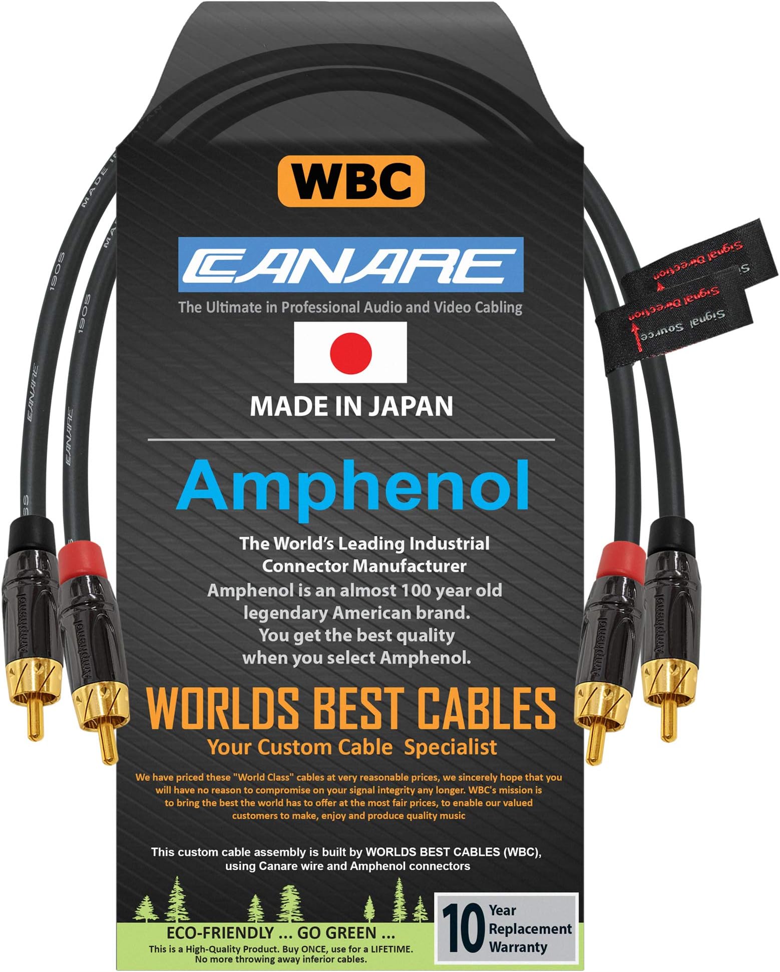 WORLDS BEST CABLES 30 CM RCA Cable Pair - Canare L-4E6S Star-Quad Balanced Audio Interconnect Cable with Amphenol ACPL Black Chrome Body, Gold Plated RCA Connectors - Directional