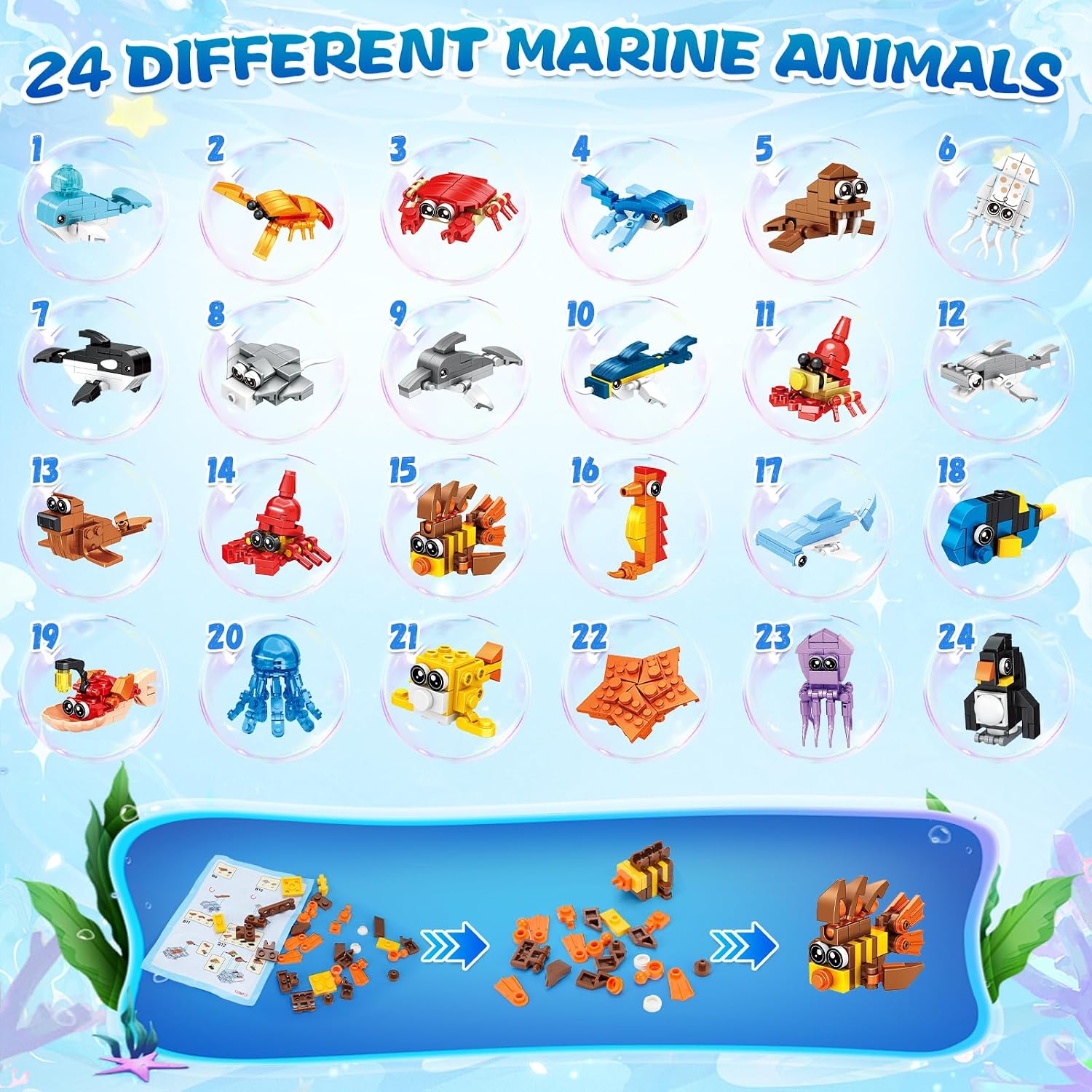 24 Packs Party Favors for Kids, Ocean Mini Animals Toy Building Block Set for Easter Valentines Day Classroom Prizes Goodie Bag Stuffers Birthday Gifts for Boys Girls Ages 6-12+