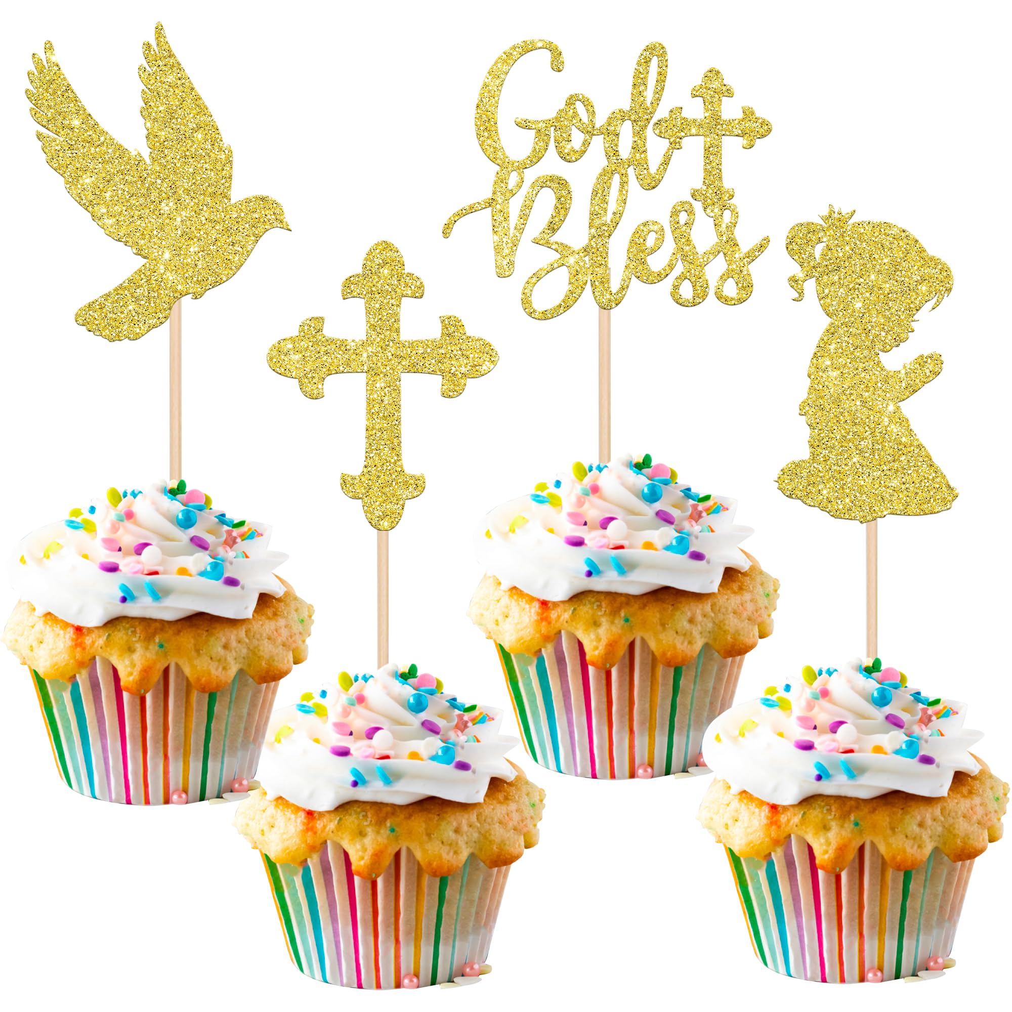 24 PCS God Bless and Cross Cupcake Toppers Glitter Dove Baptism Cupcake Picks First Communion Christian Baptism Theme Girls Birthday Party Cake Decorations Supplies Gold