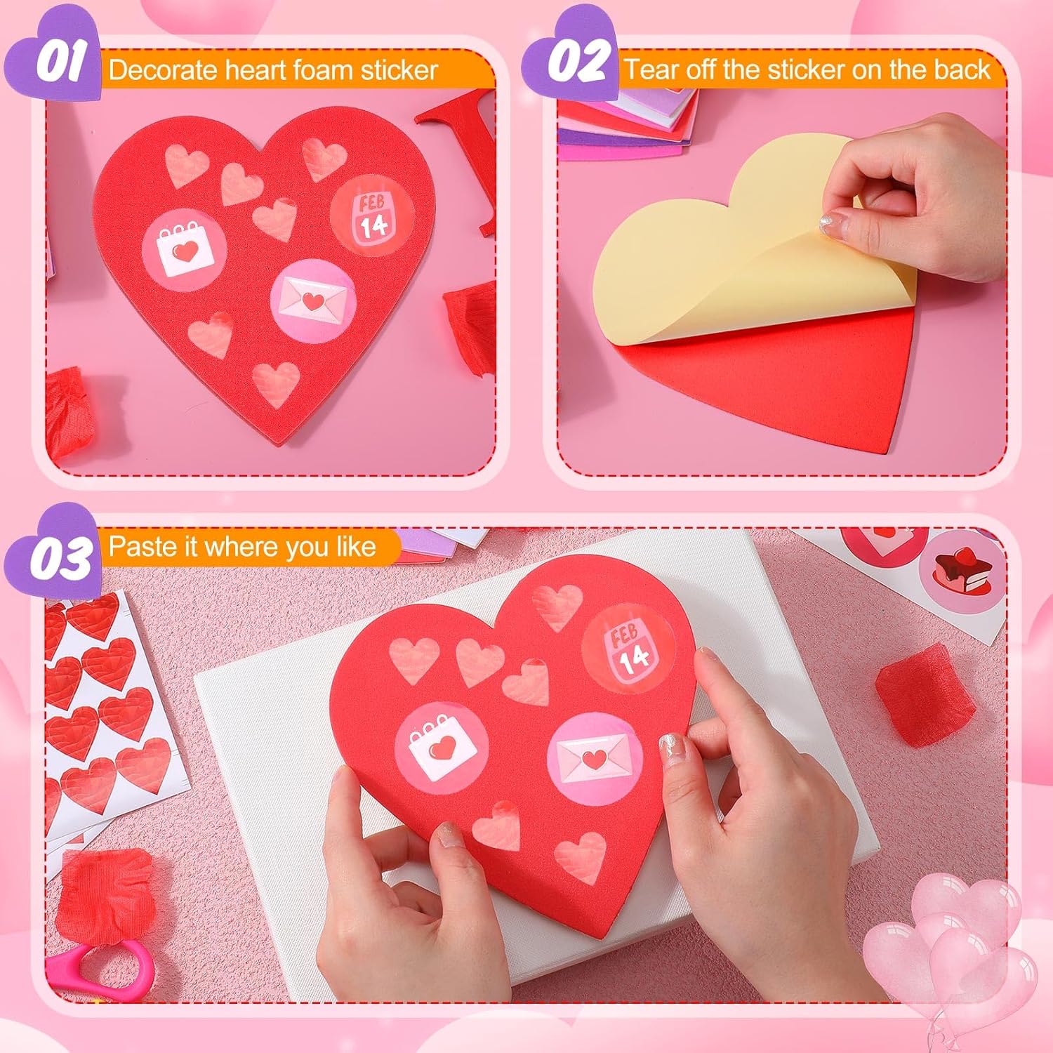 Tatuo 120 Pcs 6 Inch Foam Heart Stickers Bulk Self Adhesive EVA Foam Hearts Matte and Glitter Stickers for DIY Crafts, Valentine's Day Wedding Party Scrapbook Decoration(Matte,Classic Color)