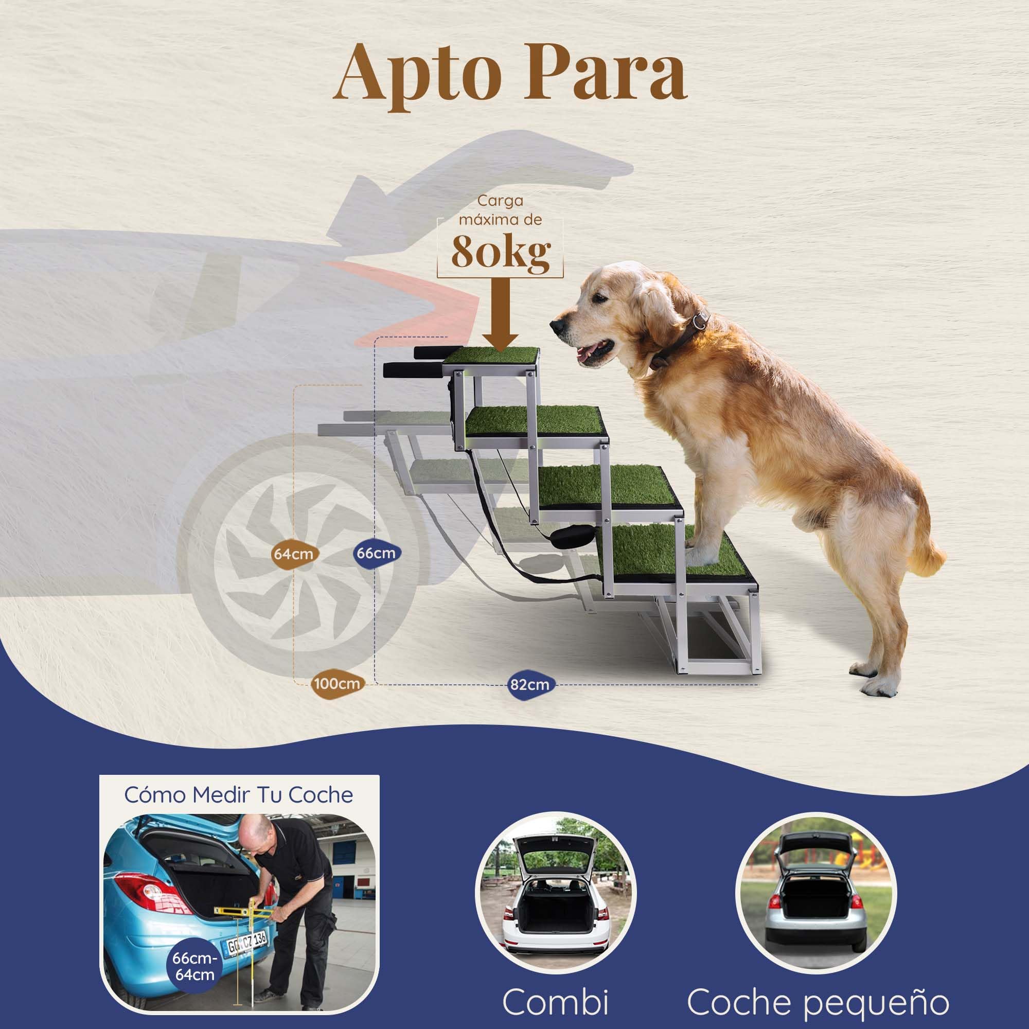 Escalera para Perros Plegable - Marca Que Brilla en la Oscuridad - Rampa para Perros de Coche - Adecuada para Todos los Coches - Superficie de césped Antideslizante - Capacidad de 77 kg - 4 Escalones