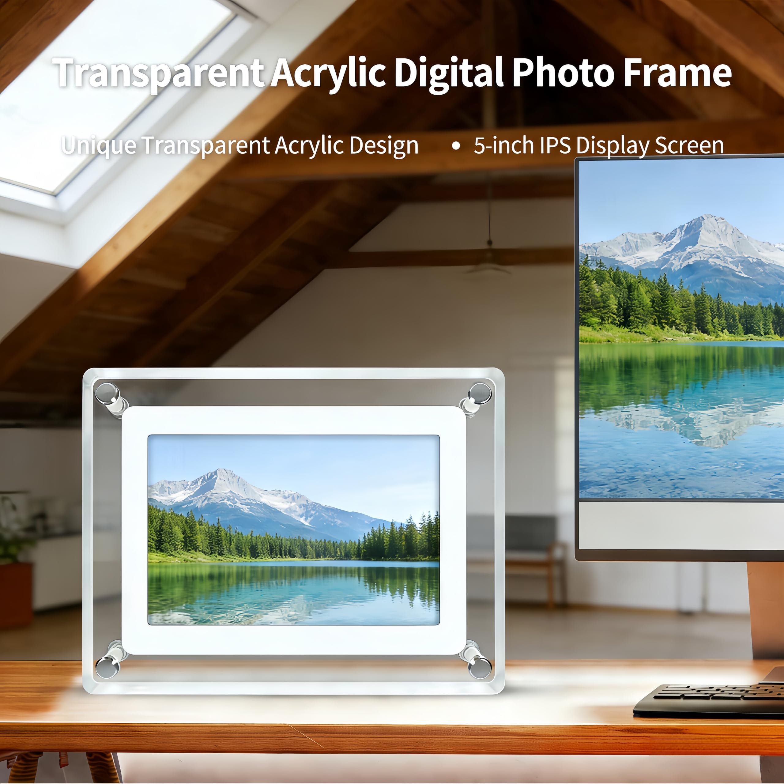 Cadre photo numérique en acrylique de 12,7 cm, mémoire 4G, rotation automatique à 360°, USB-C, cadre numérique et cadre photo numérique.