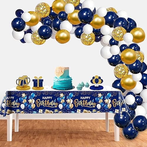 Miniatura 4 de DUAIAI Decoraciones de feliz cumpleaños, 1 mantel de cumpleaños azul marino y dorado para niños, niñas, hombres y mujeres, funda rectangular