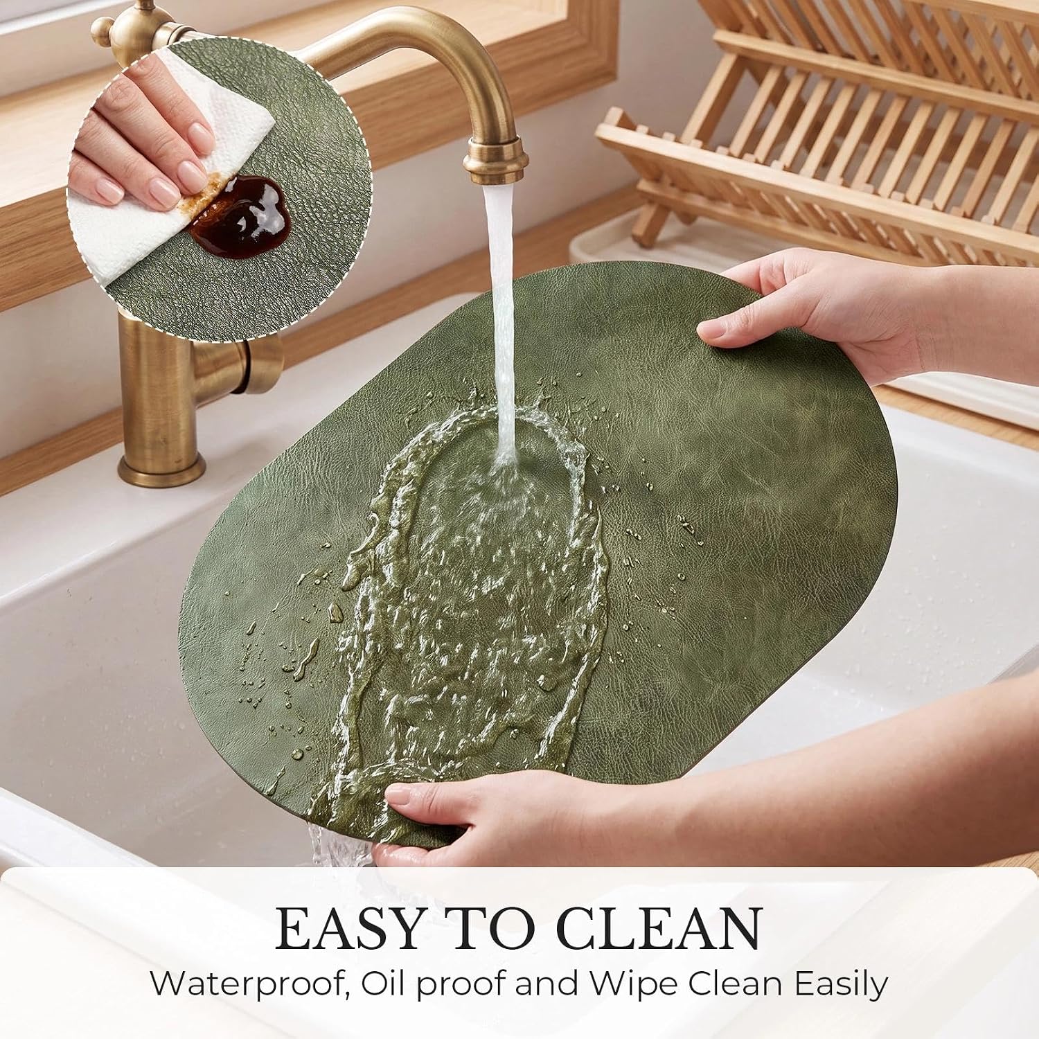 MOSAYT Vinyl Faux Leather Oval Placemats, Set of 6, Olive Green
