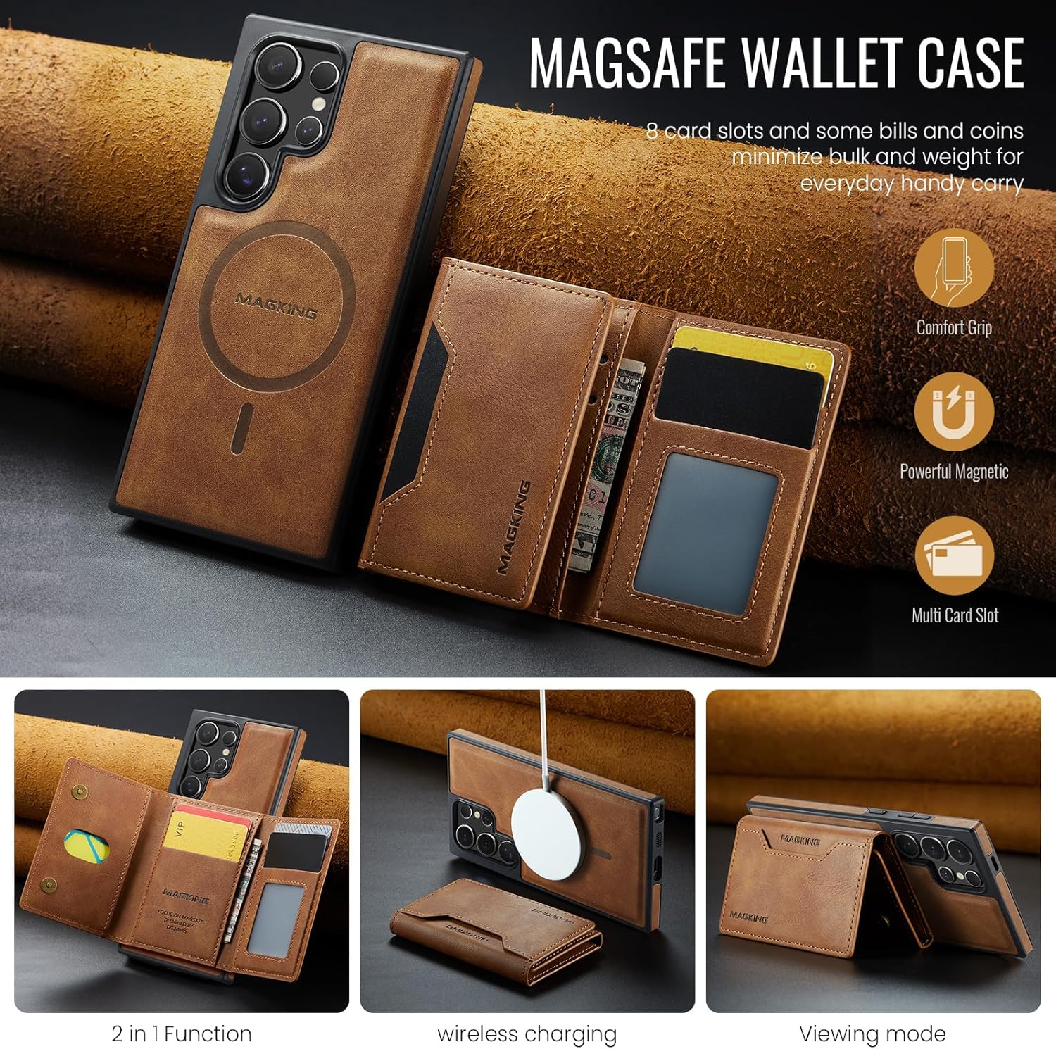 SZHAIYU K2 2 in 1 Detachable Magnetic Phone Cases Compatible with Samsun Galaxy S25 Ultra Case with Card Holder RFID Blocking, Compatible with Magsafe Wallet, Leather 6.8'' (S25 Ultra,Brown) - Image 4
