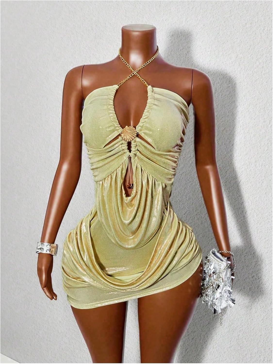Women's Ruched Halter Mini Dress Summer Chain Cut Out Bodycon Asymmetrical Party Club Dresses - Image 5