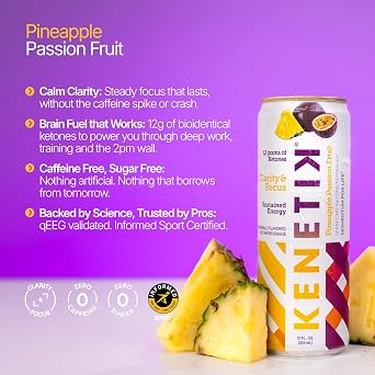 KENETIK Caffeine-Free Focus Drink Brain Fuel for Mental Clarity and Cognitive Endurance, Sugar-Free, Bioidentical Ketones (D-BHB), 12oz 12 Pack, Pineapple Passionfruit