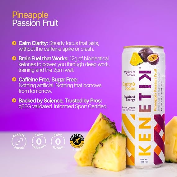 KENETIK Caffeine-Free Focus Drink Brain Fuel for Mental Clarity and Cognitive Endurance, Sugar-Free, Bioidentical Ketones (D-BHB), 12oz 12 Pack, Pineapple Passionfruit