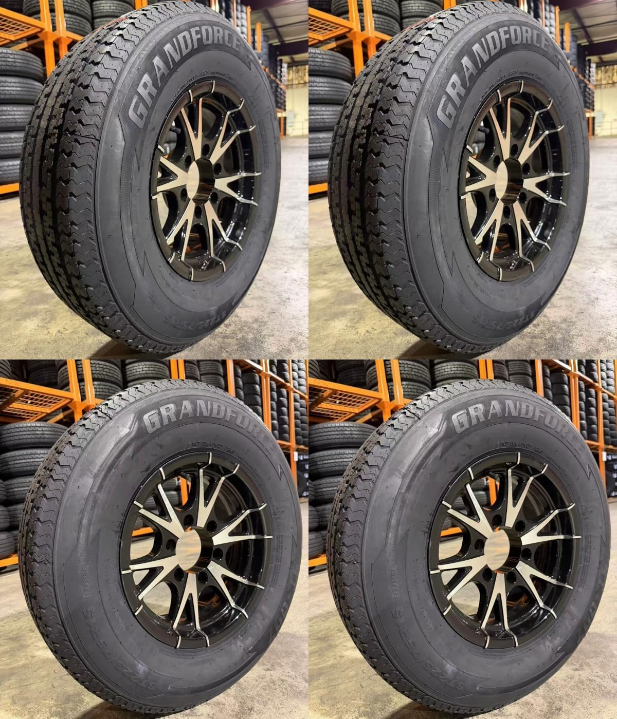 4PCS GRANDFORCE GF007 Trailer Tires ST225/75R15 on 15x6 6x5.5 Black Trailer Wheels