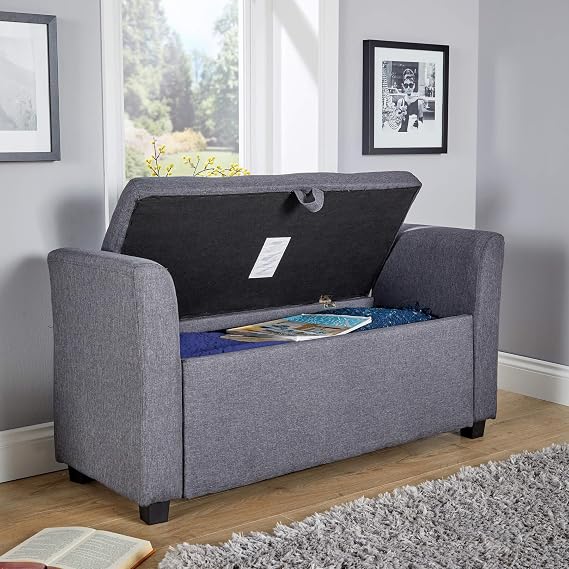 Home Source Storage Ottoman Window Seat, Fabric Footstool Bench, Lift Up Lid Chest, Bedding Blanket Toy Box, 120cm, Dark Grey Linen