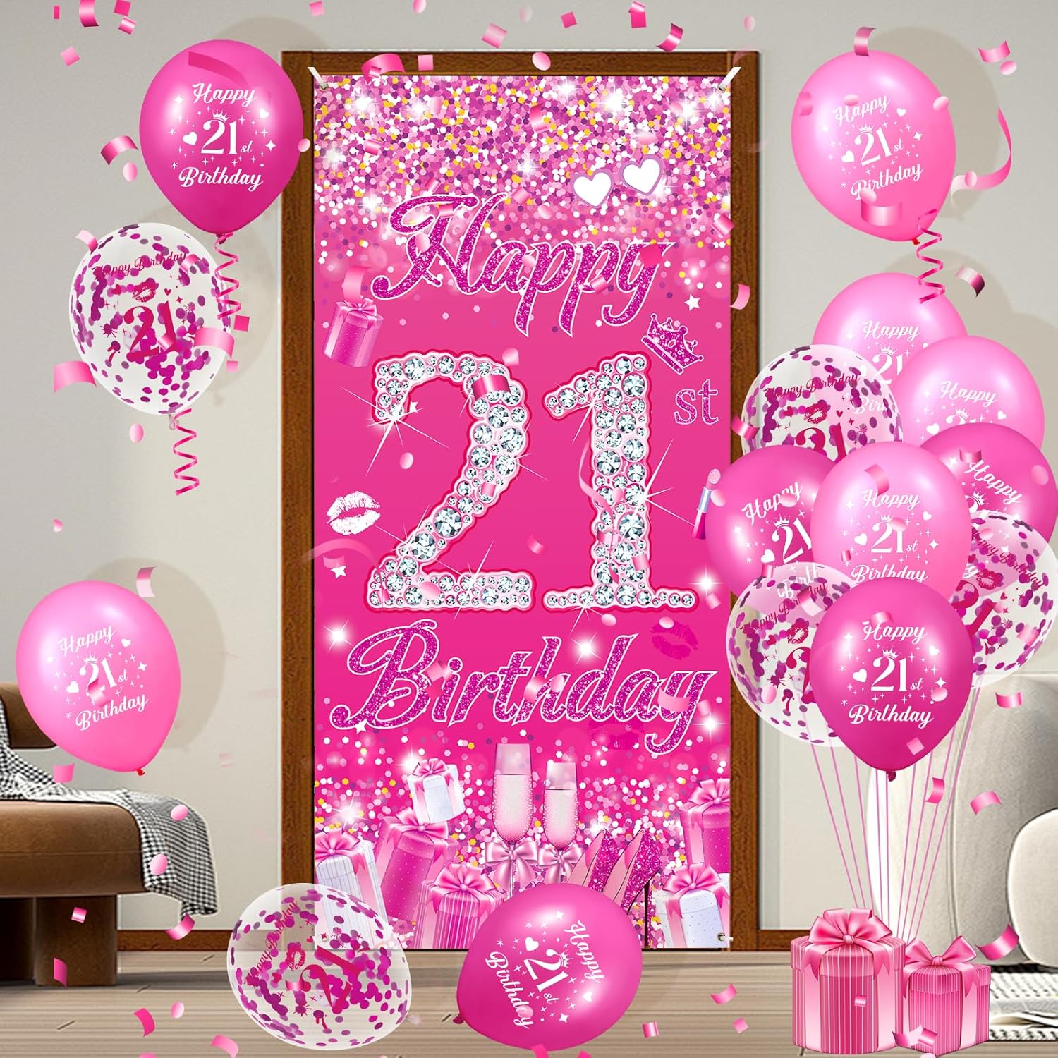 Pink 21st Birthday Decorations for Girls Women Pink Happy 21st Birthday Door Cover Banner & 18Pcs Happy 21st Birthday Balloons Decorations for Hot Pink 21st Birthday Anniversary Party Supplies - Image 5
