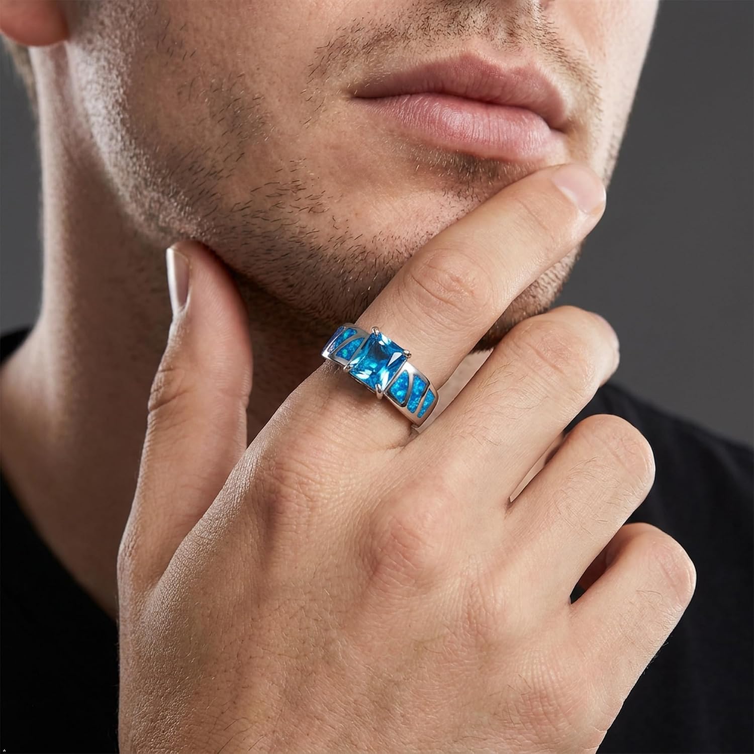 MDFUN 18K Gold Plated Created Blue Opal Ring Square Cut CZ Ring for Women