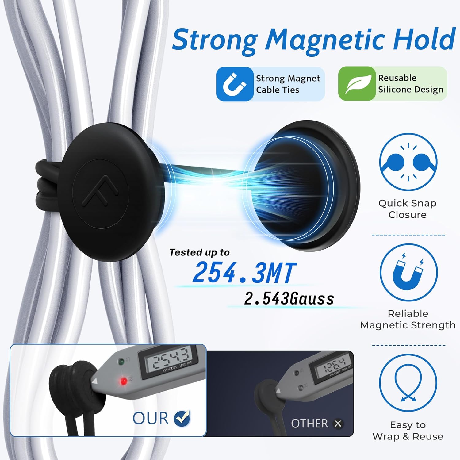 COOLMI Magnetic Cable Ties 8 Pack, 6.88 Inch Reusable Silicone Cord Organizer Wraps, Strong Magnet Cable Management Straps for Charging Cords, USB Cables, Earbuds, Desk, Travel, Black