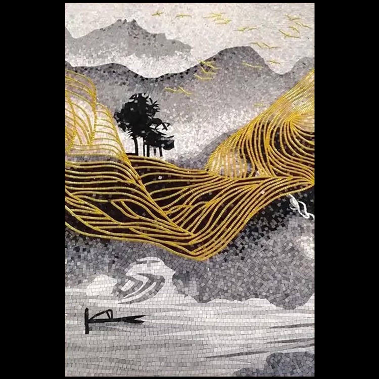 Handmade Gilded Serenity Glass Mosaic Wall Art, Abstract Lake Tile Mosaic Artwork, Hand-Cut Tesserae Landscape Wall Décor