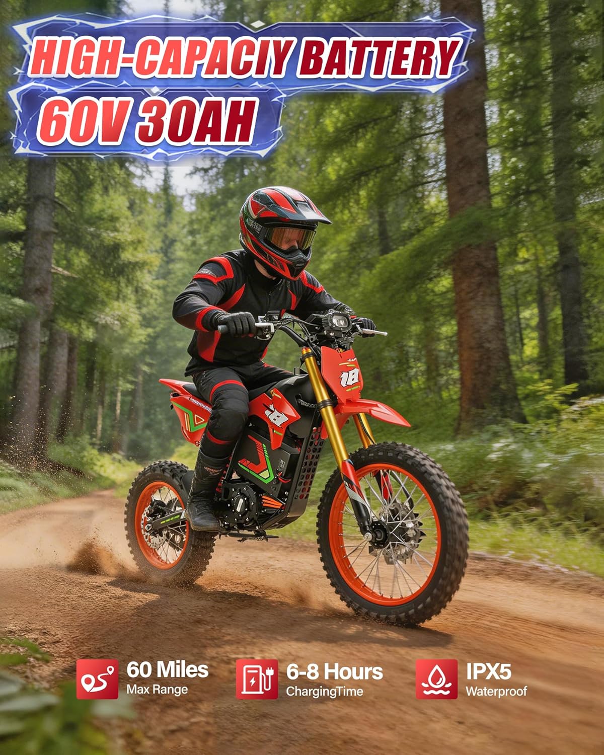 HAPPYRUN 6000W Peak Electric Dirt Bike 46 mph Max Speed Off-Road Motorcycle 60V 30AH Removable Battery 60 Miles Range 17 Inch Tires Dual Hydraulic Brakes Adult E Moto for Trail Riding