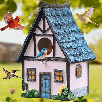 Bird Houses for Outside Pink Cottage Resin Birdhouse, Garden Outdoor Decor Bird House with Flower and Stone Details, Birdhouses for Outdoors for Bluebird Finches Cardinals