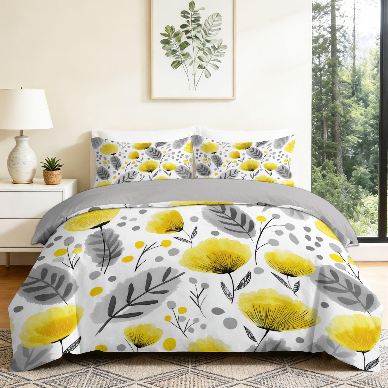 Housse de couette microfibre douce motif fleurs sauvages jaunes et grises 140x200