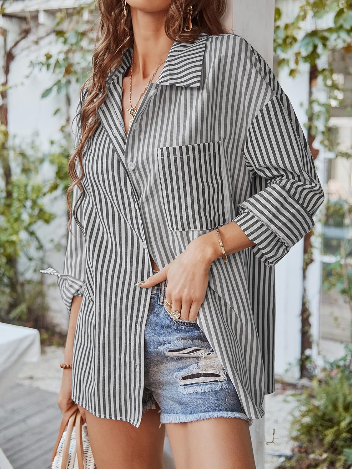 KAYWIDE Women's Striped Button Down Shirts Casual Long Sleeves Lapel Collar Tunic Tops Boyfriend Blouses with Pockets(Black,S) - Image 2