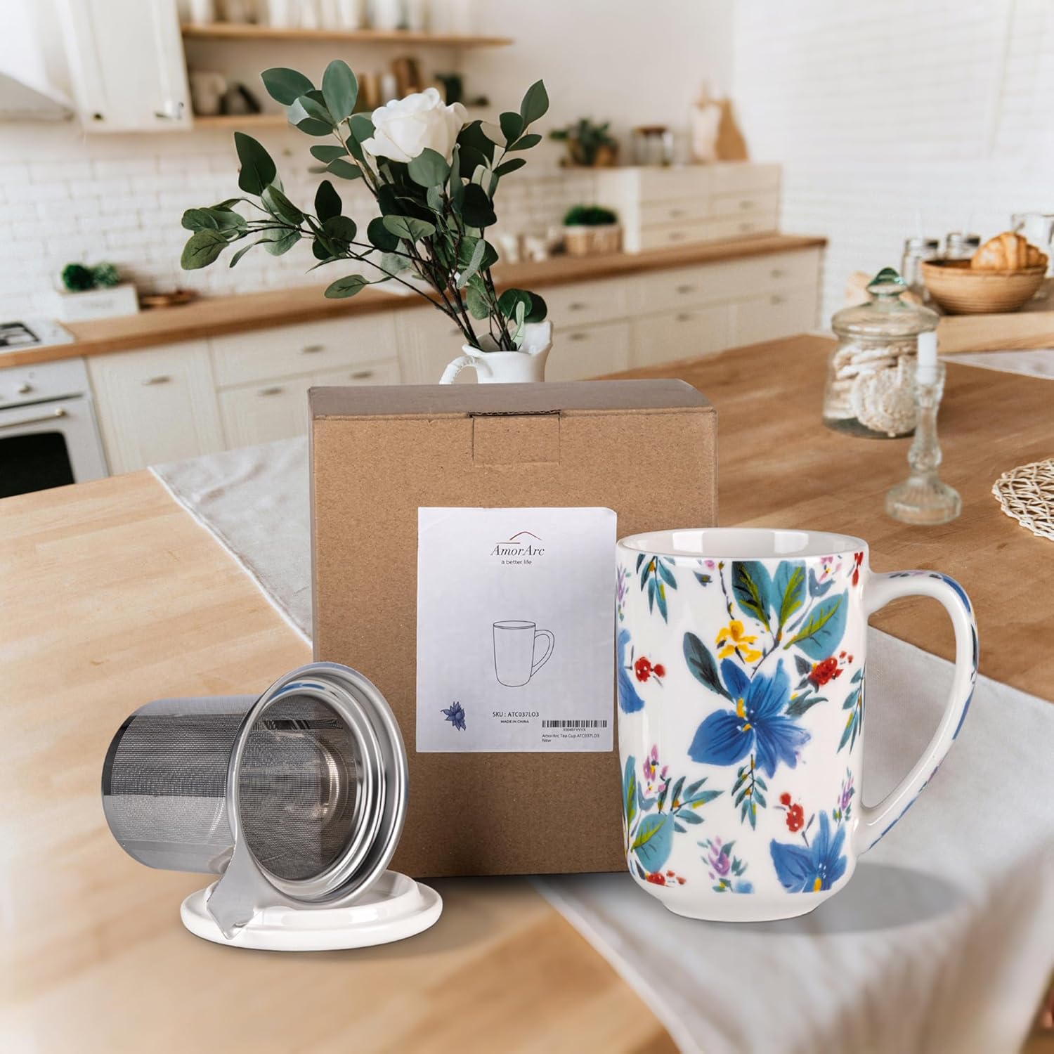 AmorArc Porcelain Tea Mug with Infuser and Lids, 18 Oz Coffee Cup Strainer with Bag Holder for Loose Leaf Tea, Steeping Coffee Mug for House-warming Wedding Birthday Gift - Image 8
