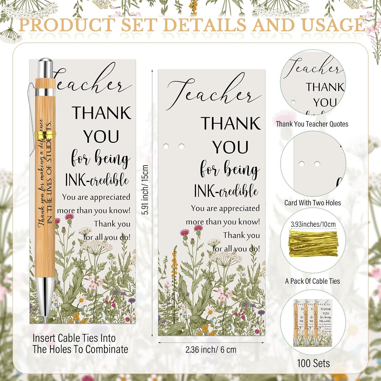 Spakon 100 set Teacher Appreciation Gifts Include 100 Bamboo Pens and 100 Cards with Gold Cable Tie for Teachers' Day Teacher Appreciation Week Gift Staff Team Office School Supplies