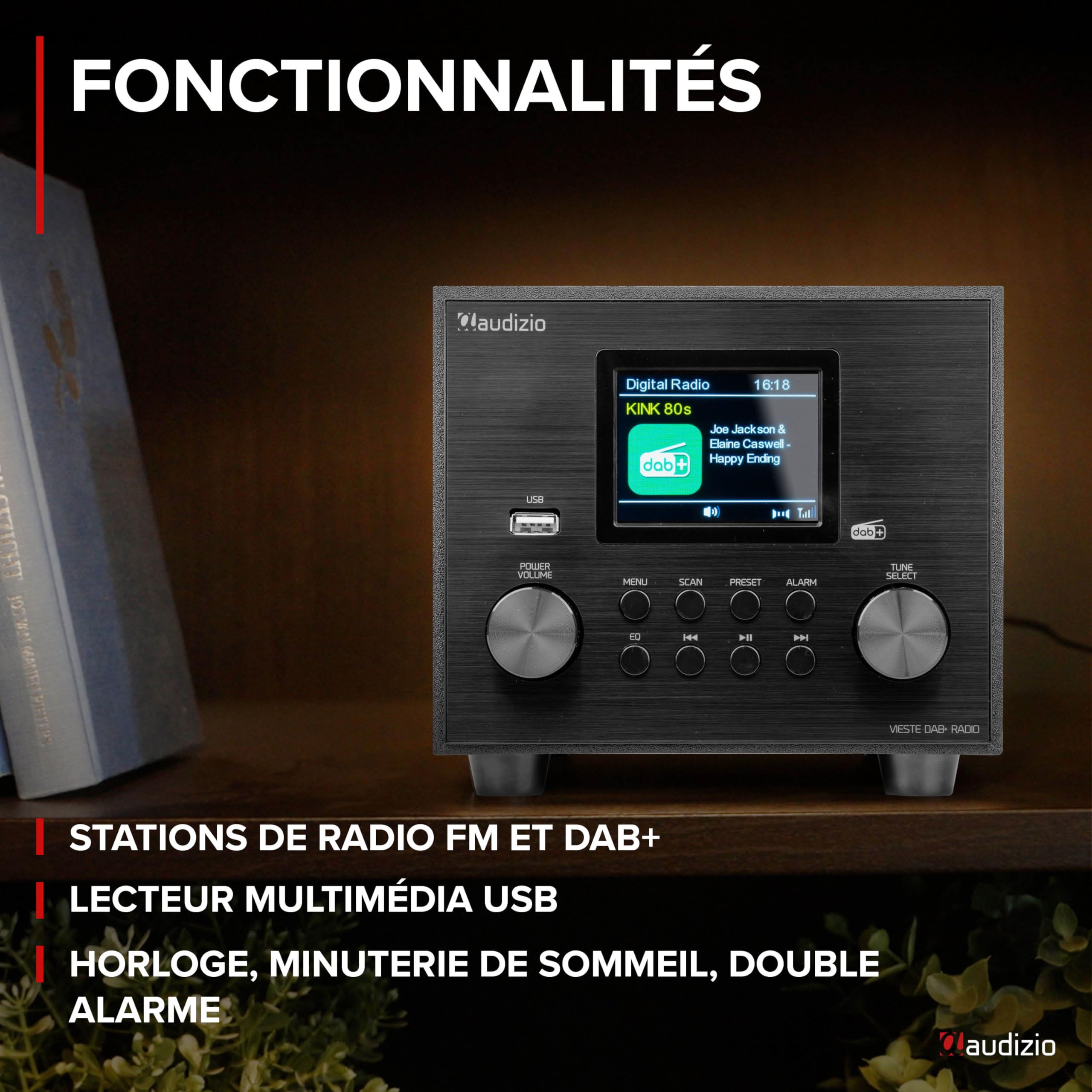 Audizio Vieste Radio Dab+ FM Bluetooth 5.0 - Noire, Subwoofer Intégré, Écran Couleur 2,8", Port USB, Sortie Casque, Télécommande Incluse, Idéale pour Écouter la Radio à la Maison
