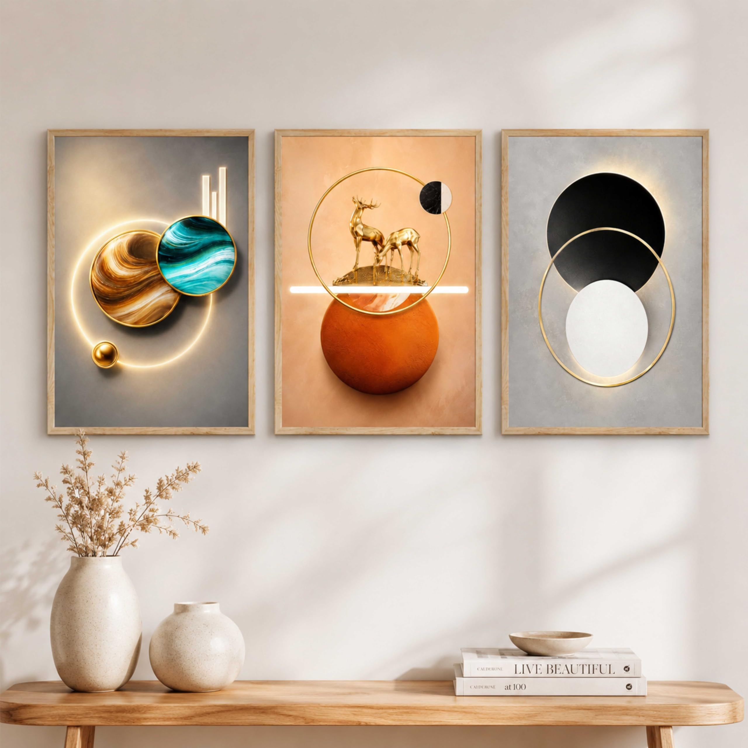 Livin'luxe Premium Abstract Geometric Wall Art Set of 3 with Golden Deer & Glowing Circles Design | Premium Wooden Synthetic Frame for Living Room, Bedroom & Office Modern Home Decor-image-39