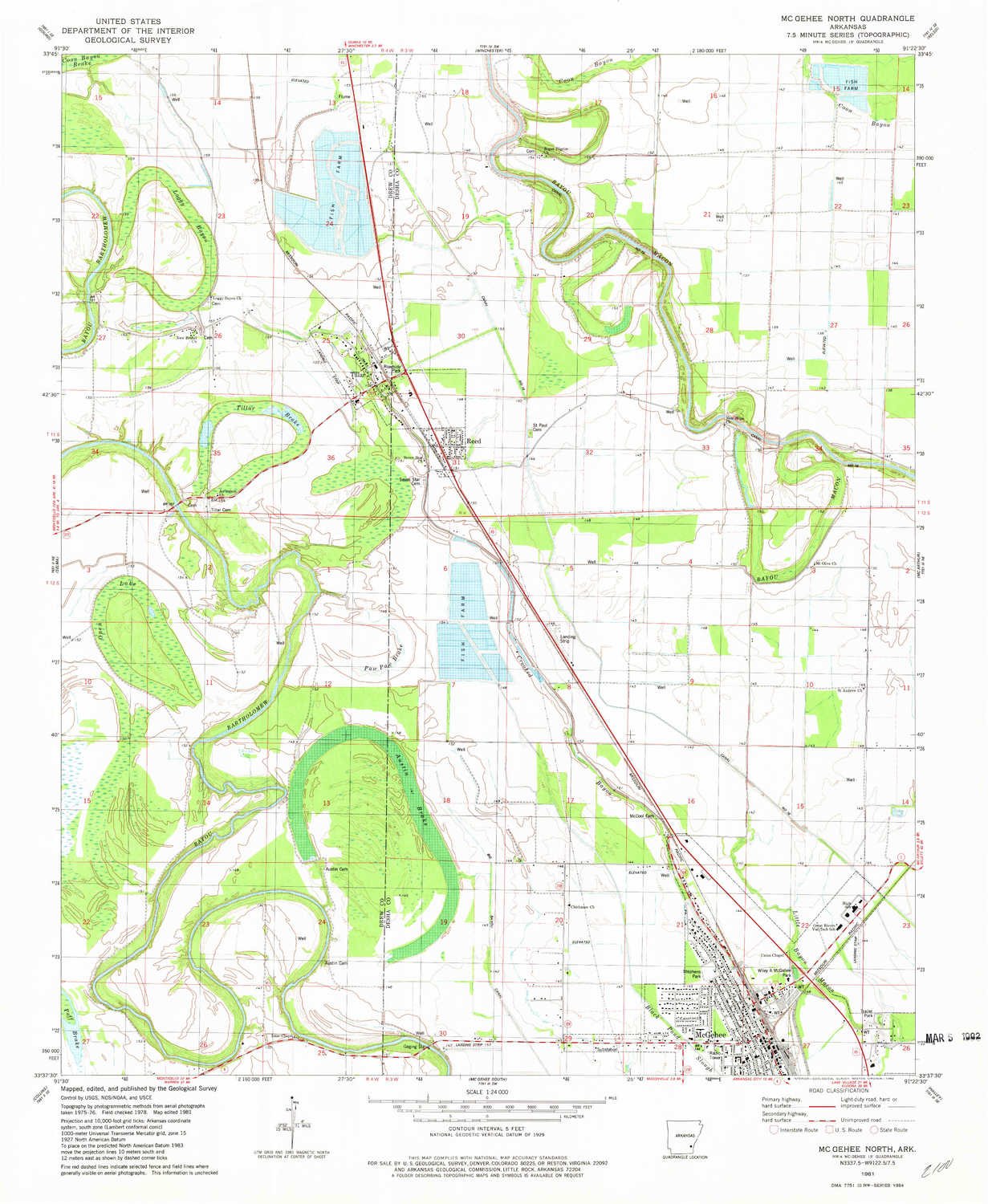 YellowMaps Mc Gehee North AR topo map, 1:24000 Scale, 7.5 X 7.5 Minute, Historical, 1981, Updated 1982, 26.8 x 22 in - Polypropylene
