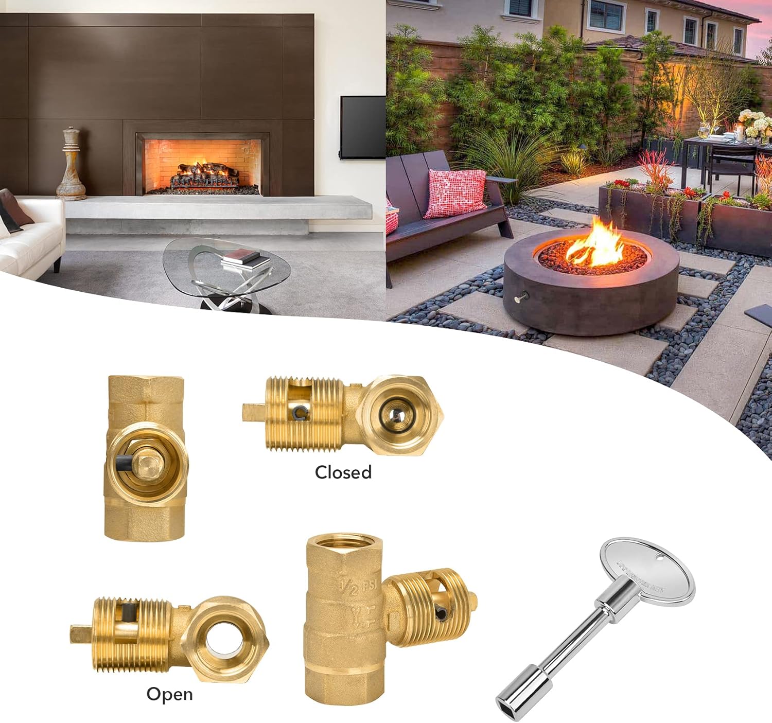 Skyflame 1/2 Inch Straight Gas Key Valve Kit for Fire Pit Fireplace with Flange, 3 Inches and 8 Inches Key, Chromed