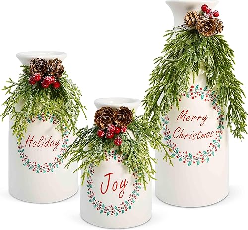 Gift Boutique Juego de 3 jarrones de cerámica de Navidad, botellas blancas de vacaciones flocadas con decoraciones artificiales de Navidad mixtas,