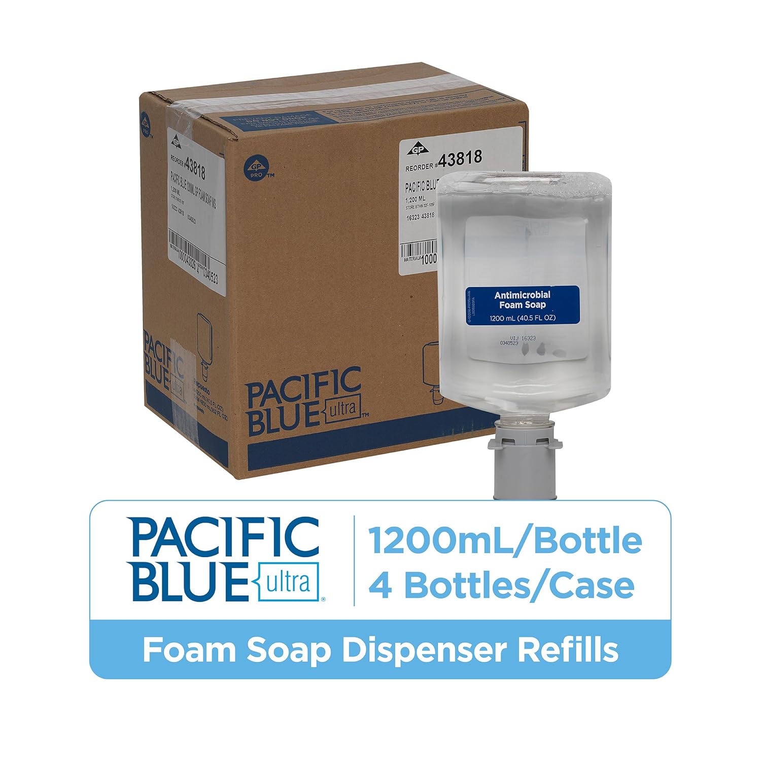 Georgia-Pacific Pacific Blue Ultra Antimicrobial Foam Hand Soap Refill, Fragrance-free, 43818, 1200 mL Per Refill, 4 Refills Per Case