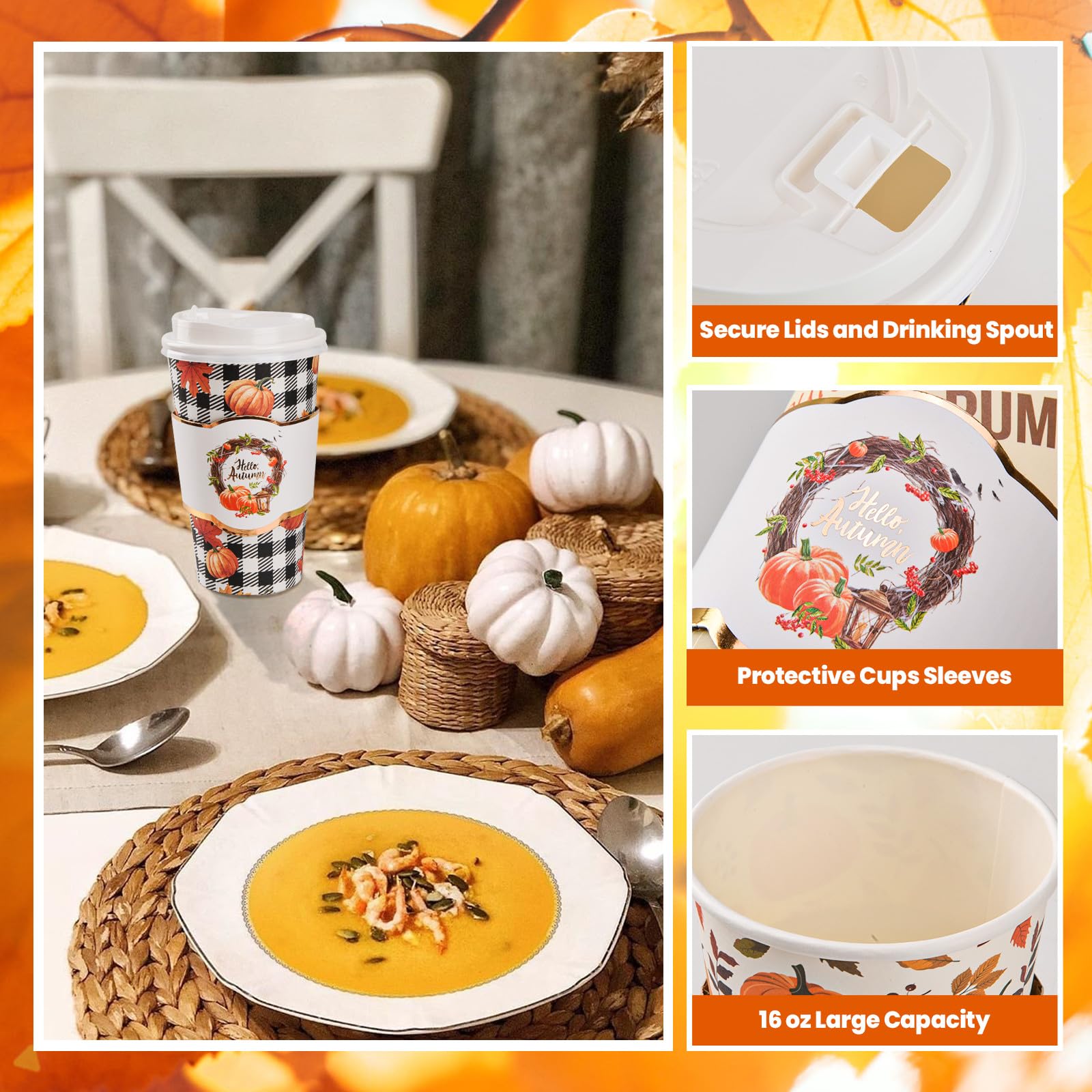 Juego de 72 tazas de café desechables de otoño con tapas y mangas, calabaza, hoja de arce, tazas de papel para beber para llevar, para cosecha de otoño, fiesta de Acción de Gracias, cafetería, bar,