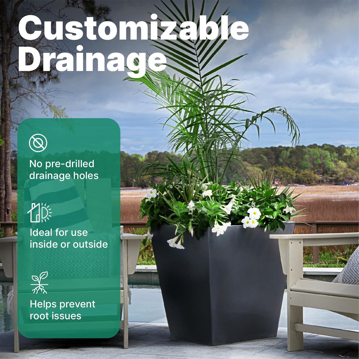 Step2 Tremont 20x24 Planter, Large Planters for Outdoor Plants, Gardening and Flower Pot for Patio or Porch, Efficient Drainage, Durable Plastic, Black, 2-Pack